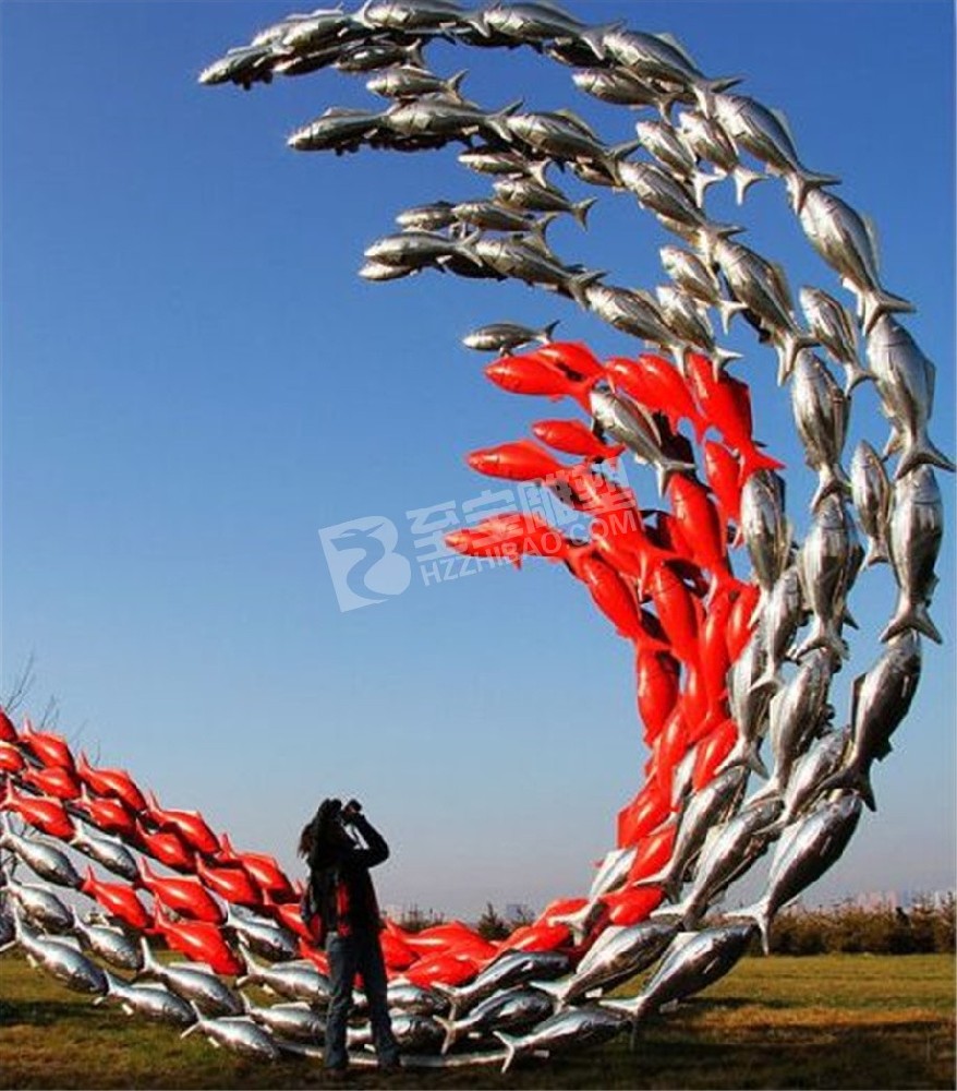 戶(hù)外地標(biāo)性建筑鏡面魚(yú)群不銹鋼雕塑定制